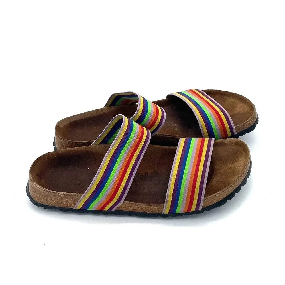 Birkis Multicolor Rainbow Stripe Leather and Elastic Straps Slide Sandal Women 7